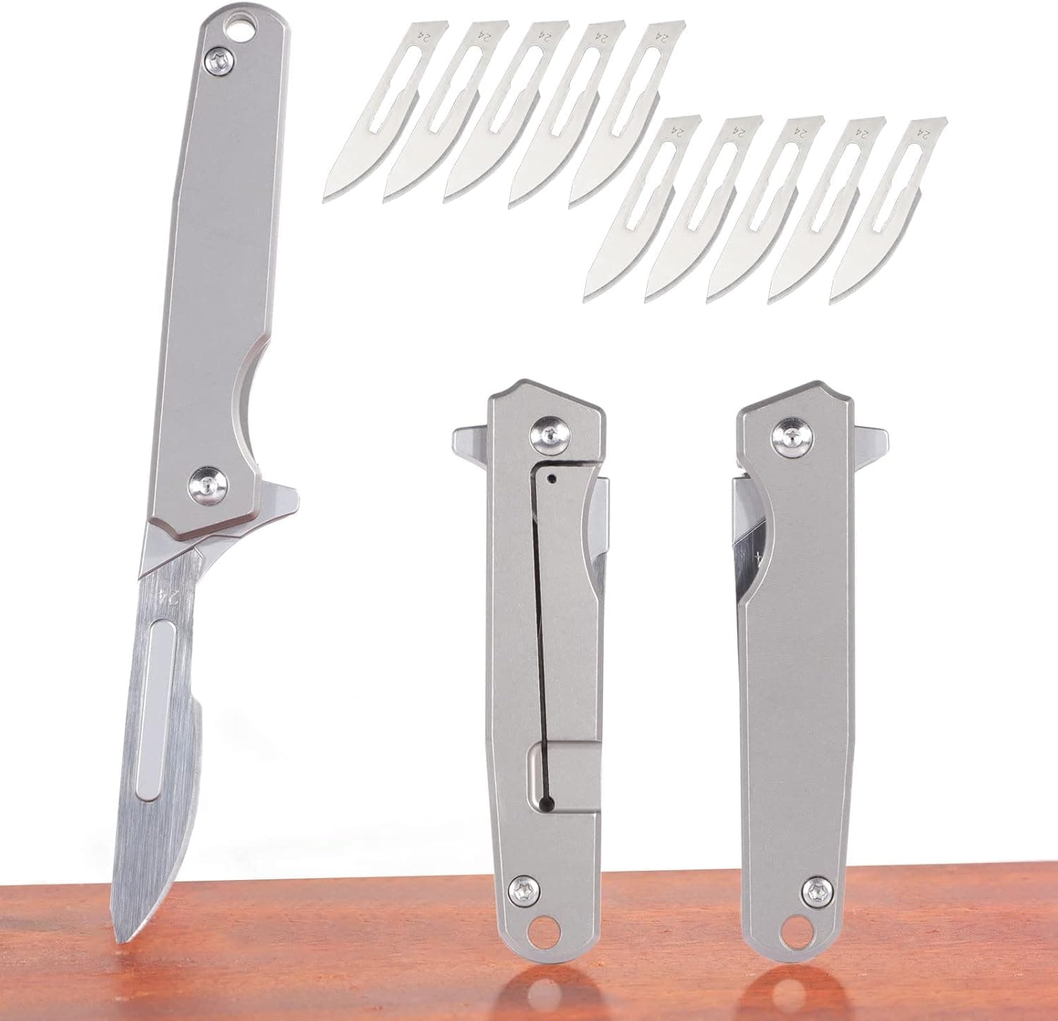 TENCHILON T30 Mini Titanium Flipper Folding Pocket Scalpel Knife, 10pcs #24 Blades, 3 inches Handle with Frame Lock, Tiny Small Micro EDC Knives for Men Women