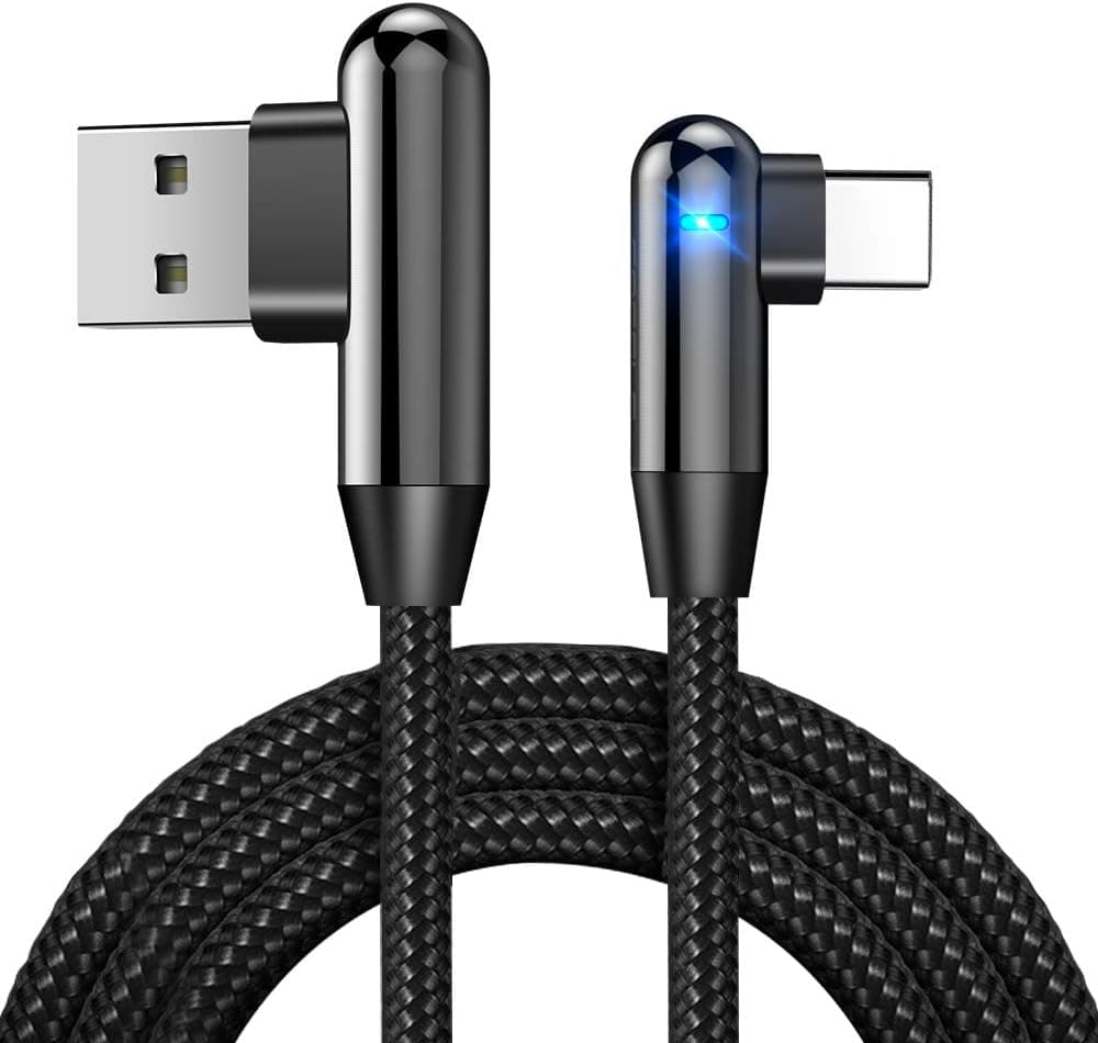 6 FT Right Angle USB C Cable Nylon Braided 90 Degree Type C Fast Charging Data Sync Cable with Led Light for Samsung S9/S8 Plus/Note 8 etc - Black