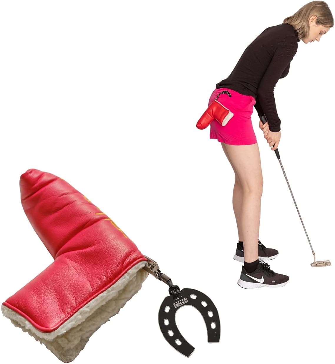 SelfieGOLF SelfieTotem Horseshoe Putter Head Cover Leash & Keeper for Secure Golf Accessories and Putting Speed Practice - Diamond-Cut on All Edges