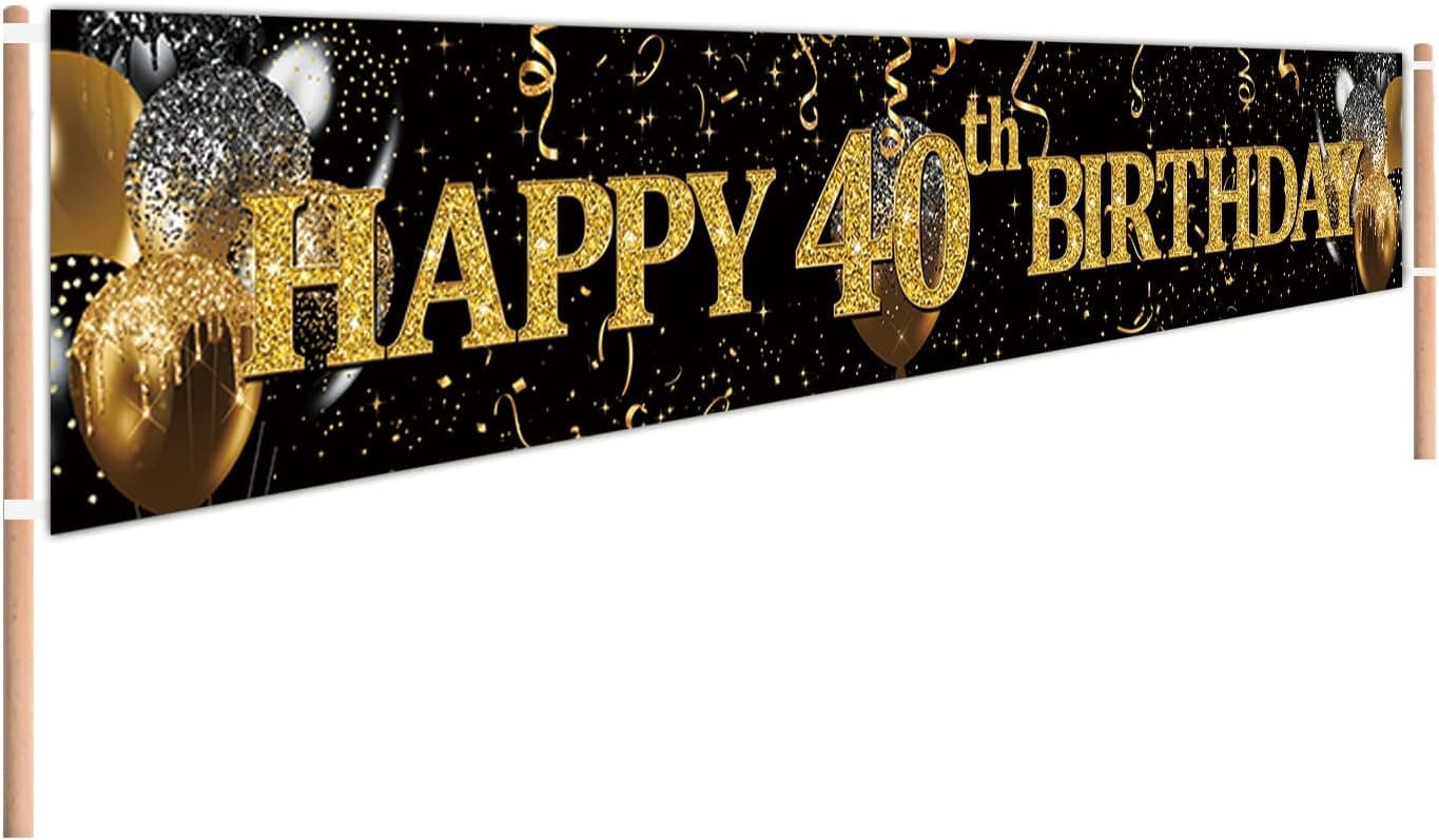 CHXSM Large Happy 40th Birthday Banner Sign Happy 40th Birthday Party Supplies Black & Gold 40th Birthday Party Decorations (9.8x1.6 FT)