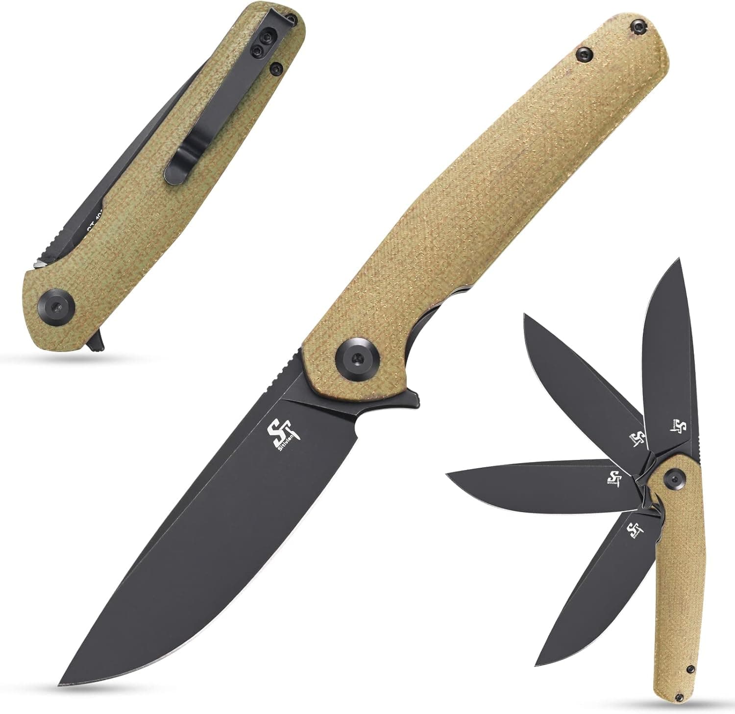 Sitivien ST102 Folding Knife, D2 Steel Blade+Micarta Handle EDC Tool Knife for Outdoor, Camping, Hunting, Survival (Green) …