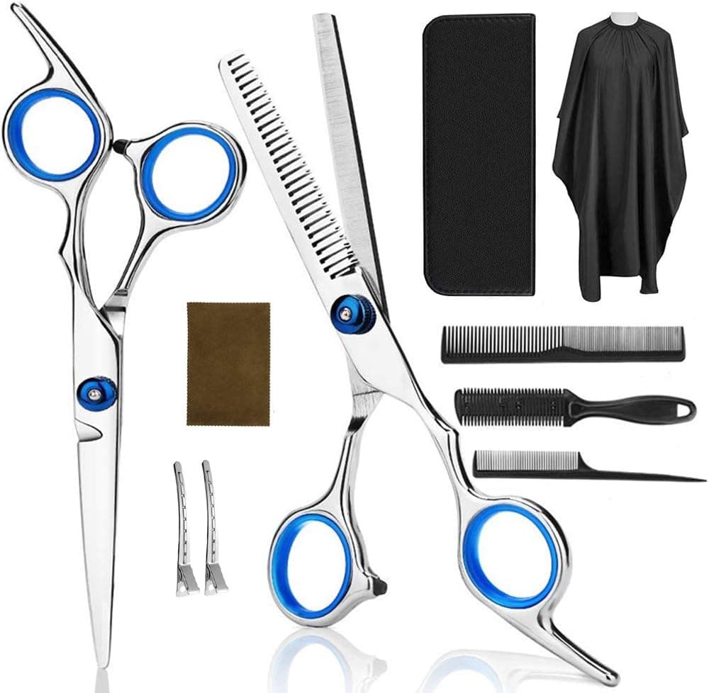 Hair Cutting Scissors Kit Professional 10pcs Barber Thinning Shears with Hairdressing Scissors, Hair Razor Comb, Hair Clips, Cape, Case for Kids/Men/Women/Salon/Home