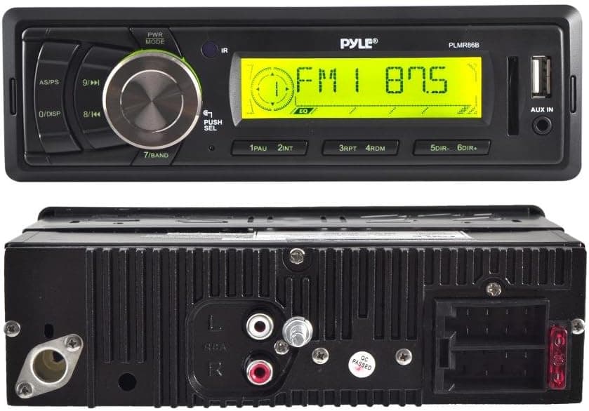 Pyle Marine Stereo Headunit Receiver - 12v Single DIN Style Digital Boat In dash Radio System with MP3, USB, SD, AUX, RCA, AM FM Radio - Includes Remote Control, Power Wiring Harness - PLMR86B (Black)