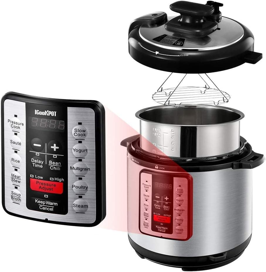 ICOOKPOT Pressure Cooker 6 QT 9-in-1 Multi-Use Programmable Steamer Pot Rice Cooker Yogurt Maker Pressure Bean Cooker Stainless Steel Slow Cooker with Cookbook, Black