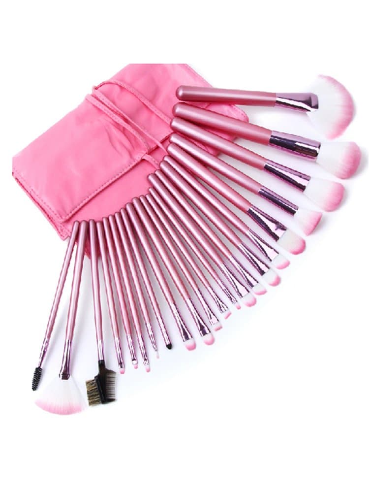 Kisstyle 22pcs Roll up Cosmetic Brushes Kits Pro Wooden Handle Makeup Brushes Pink