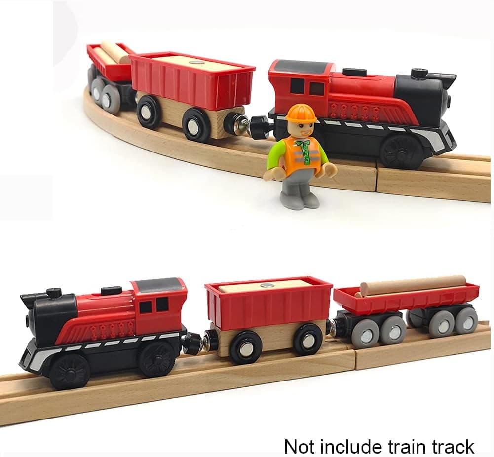 DSHMIXIA Battery Operated Cargo Train for Wooden Train Track Set Toys for Toddlers 3 4 5 Year Old Boys Kids Magnetic Couplings Construction site Fram Harbor Vehicle (Without Battery)