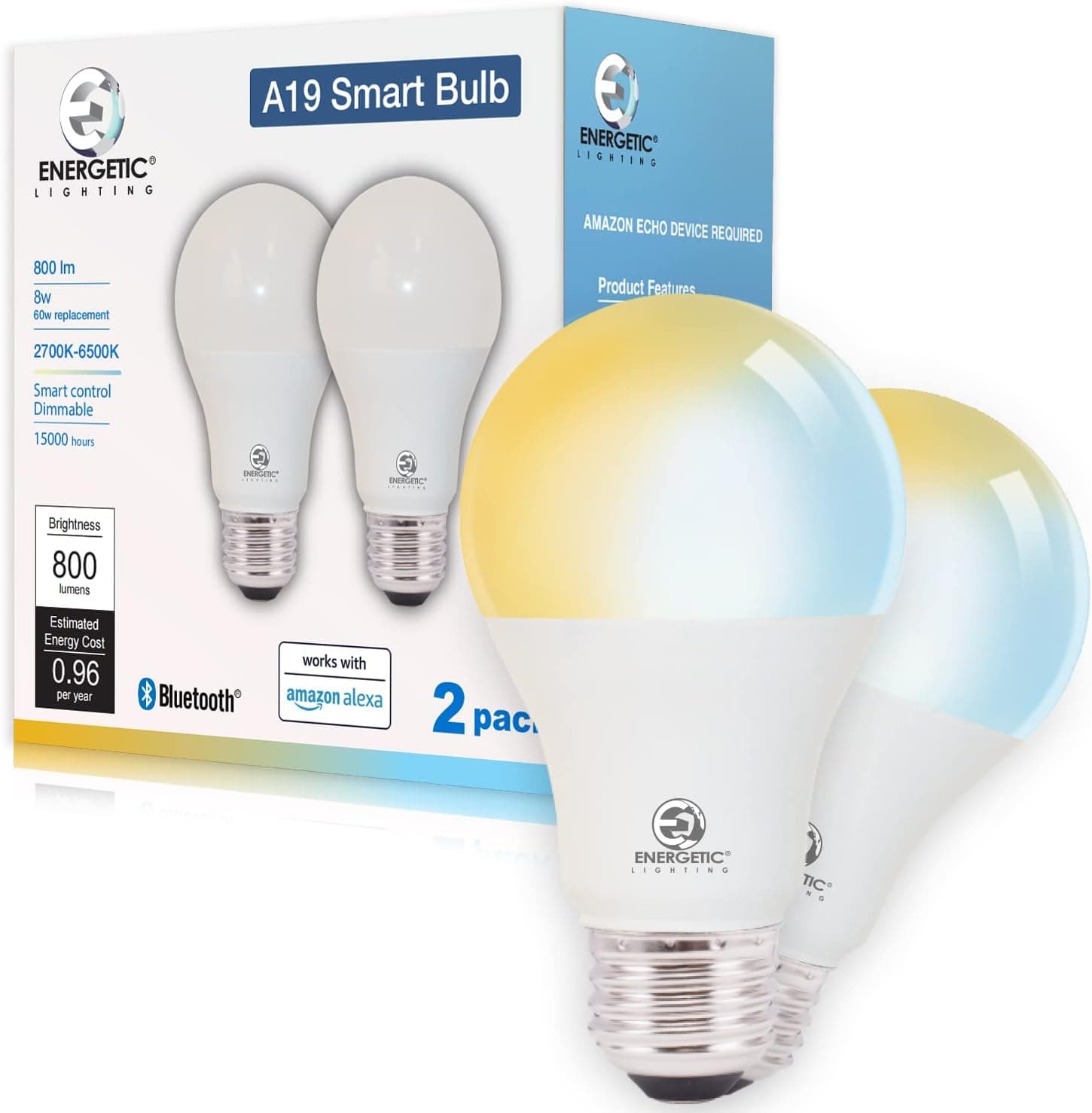 Smart LED Light Bulb, Tunable White 2700K-6500K Dimmable A19 60W Equivalent, Works with Alexa, 2-Pack, Amazon Only Energetic Bluetooth Light Bulb