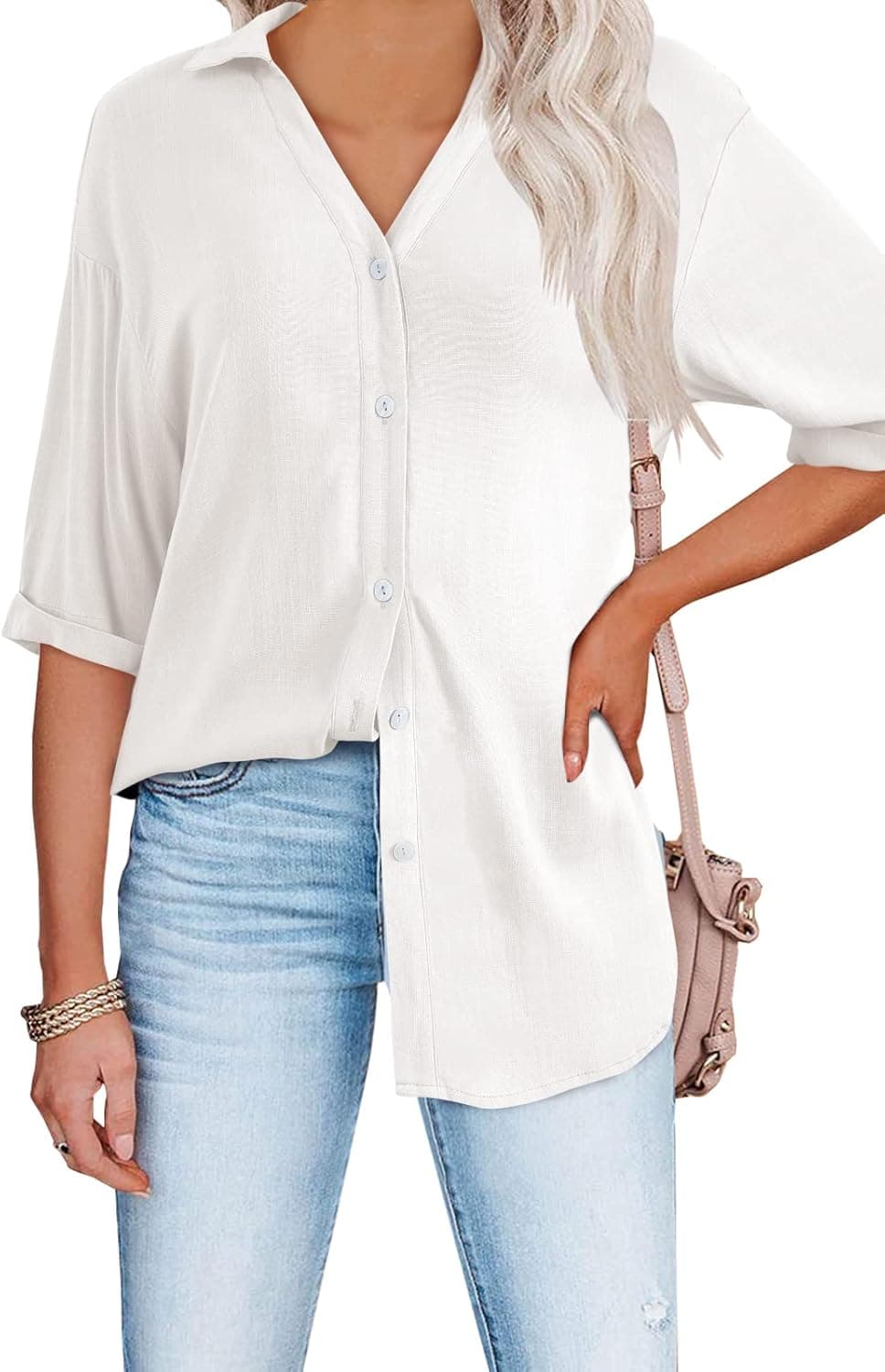 Womens Button Down Linen Shirts V Neck Cuffed Sleeve Blouses Loose Shirt Casual Formal Work Office Tops