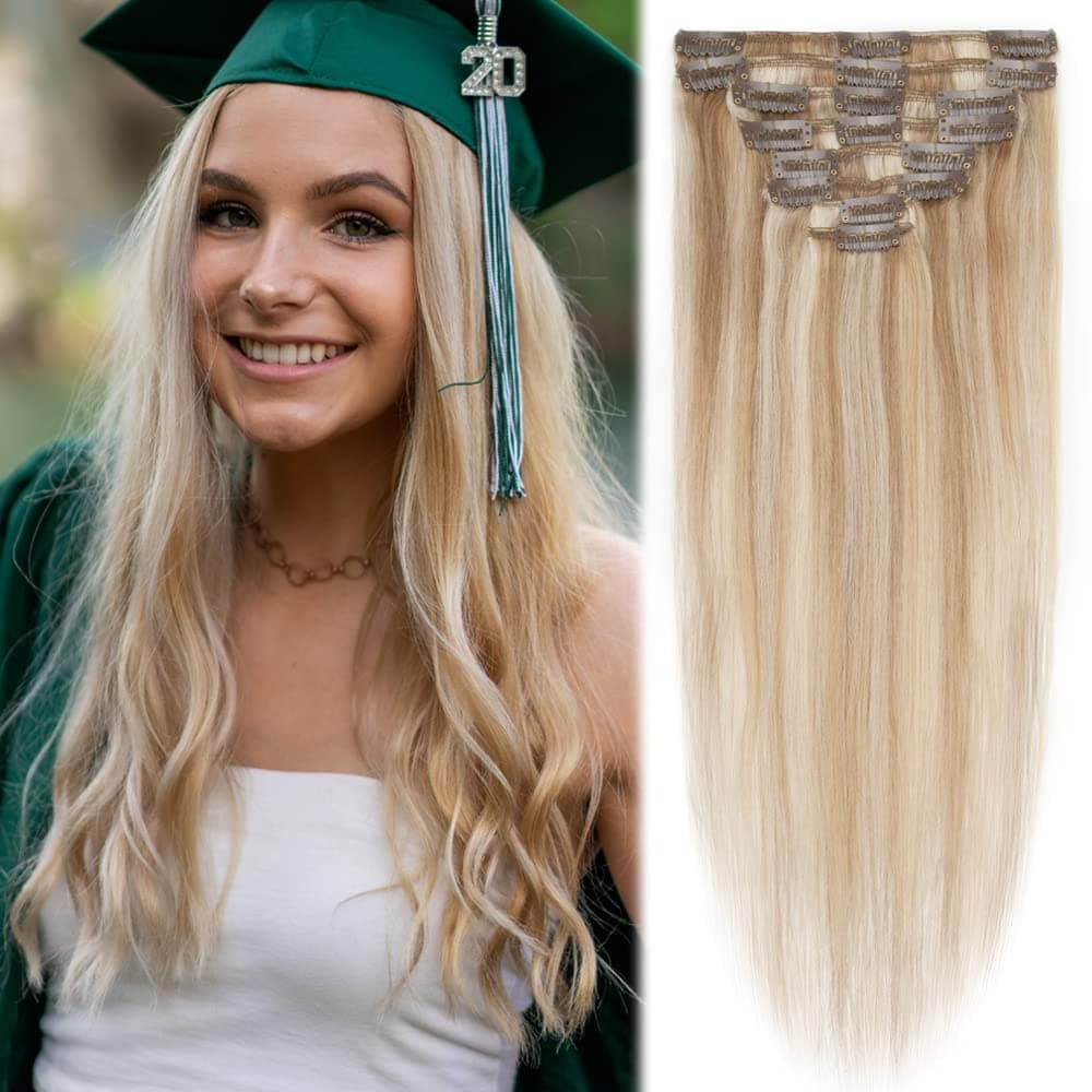 MY-LADY Clip in Hair Extensions Real Human Hair Ash Blonde & Bleach Blonde 10 Inch 50g Remy Hair 8pcs Weft Balayage Full Head Silky Natural Straight for Women