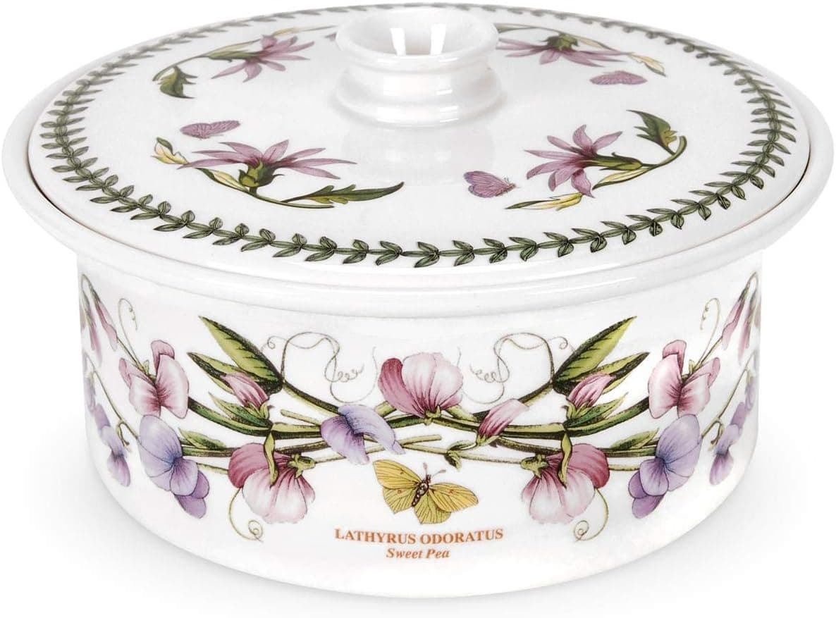 Portmeirion Botanic Garden Covered Casserole | 3 Pint Casserole Dish with Sweet Pea Motif | Made from Porcelain | Oven, Dishwasher, and Microwave Safe