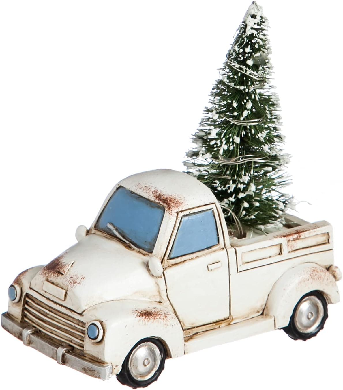 DUSVALLY Christmas Mini White Car Statue Figurine with LED Light Holiday White Truck with Mini Christmas Tree Decor Gift for Home Bar Office Fireplace 4" W x 2.25" D x 4.25" H
