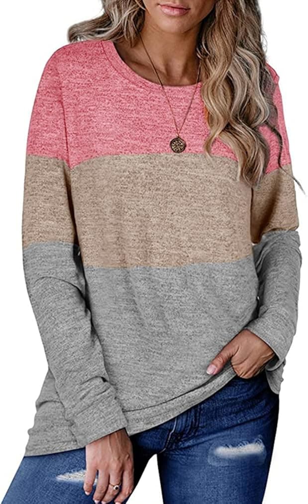 Locryz Womens Color Block Long Sleeve Round Neck Shirts Pullover Sweatshirt Tops
