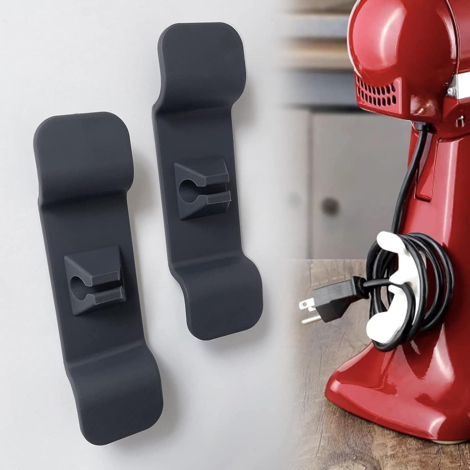 Appliance Cord Organizer––Cord Holder for Kitchen, Office, Bedroom, Bathroom, Closet appliances; Cord Wrapper for Storing appliances. Adhesive Back fastens to Most Surfaces. Two Pieces, Gray