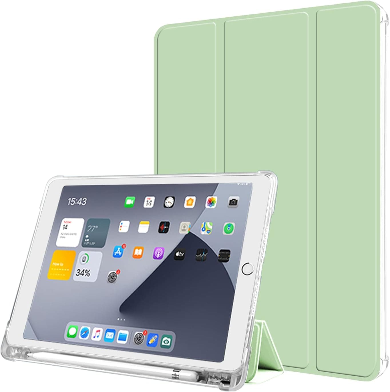 Aoub Case for iPad 6th/5th Generation 9.7 inch, Trifold Stand Auto Sleep/Wake Slim Smart Cover Frosted Translucent Soft TPU Shockproof Case with Pencil Holder for iPad 9.7 2018/2017, Light Green