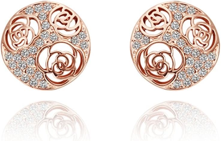DUMAN 18k Rose Gold Plated Earrings Round Hollow Rose Crystal Stud Earrings Health Jewelry Nickel Free