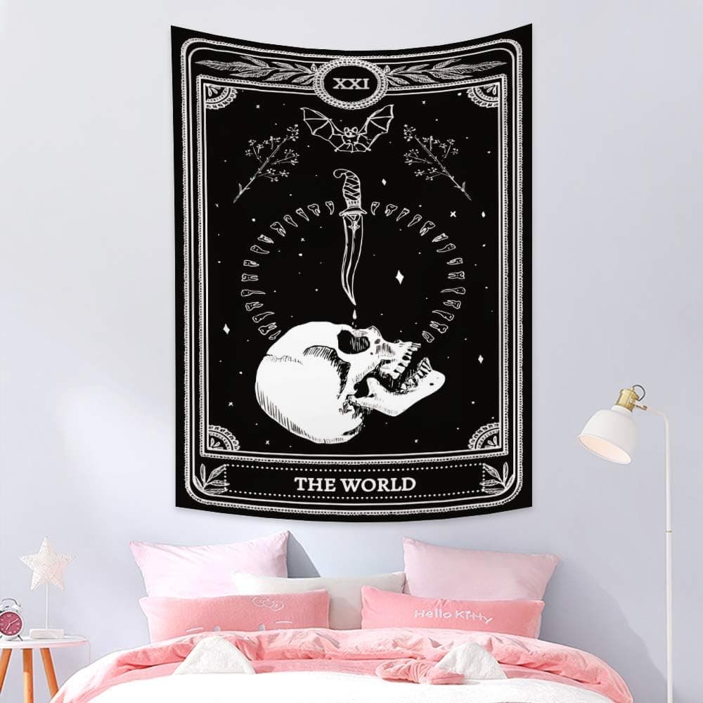 Qinunipoto Black Tarot Tapestry Astrology The World White Skull Tapestry Wall Hanging Goth Death Tapestry Constellation Hippie Boutique Wall Decor for Bedroom Living Room Home Decor 27x39inch