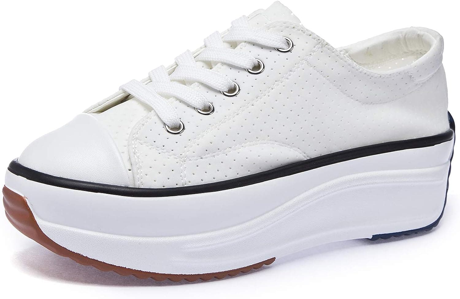 Sokaly Women's Platform Low Top Sneakers Lace Up Pump Shoes Fashion Sneakers Tennis Walking Shoes (8 B(M) US, White)