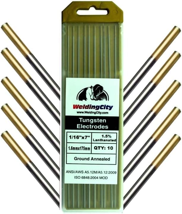 WeldingCity 10-pcs Premium TIG Welding Tungsten Electrode Rod 1.5% Lanthanated (Gold/AWS: EWLa15) 1/16" x 7" | 10-pk