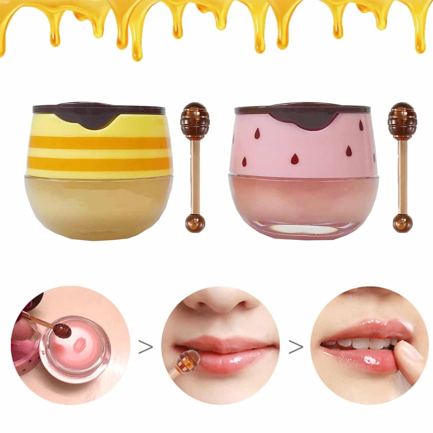 2PCS Bee Lip Balm Honey Pot, Honey & Strawberry Propolis Moisturizing, Hydrating & Prevention Dry and Cracked Lip Scrubs Exfoliator (A)