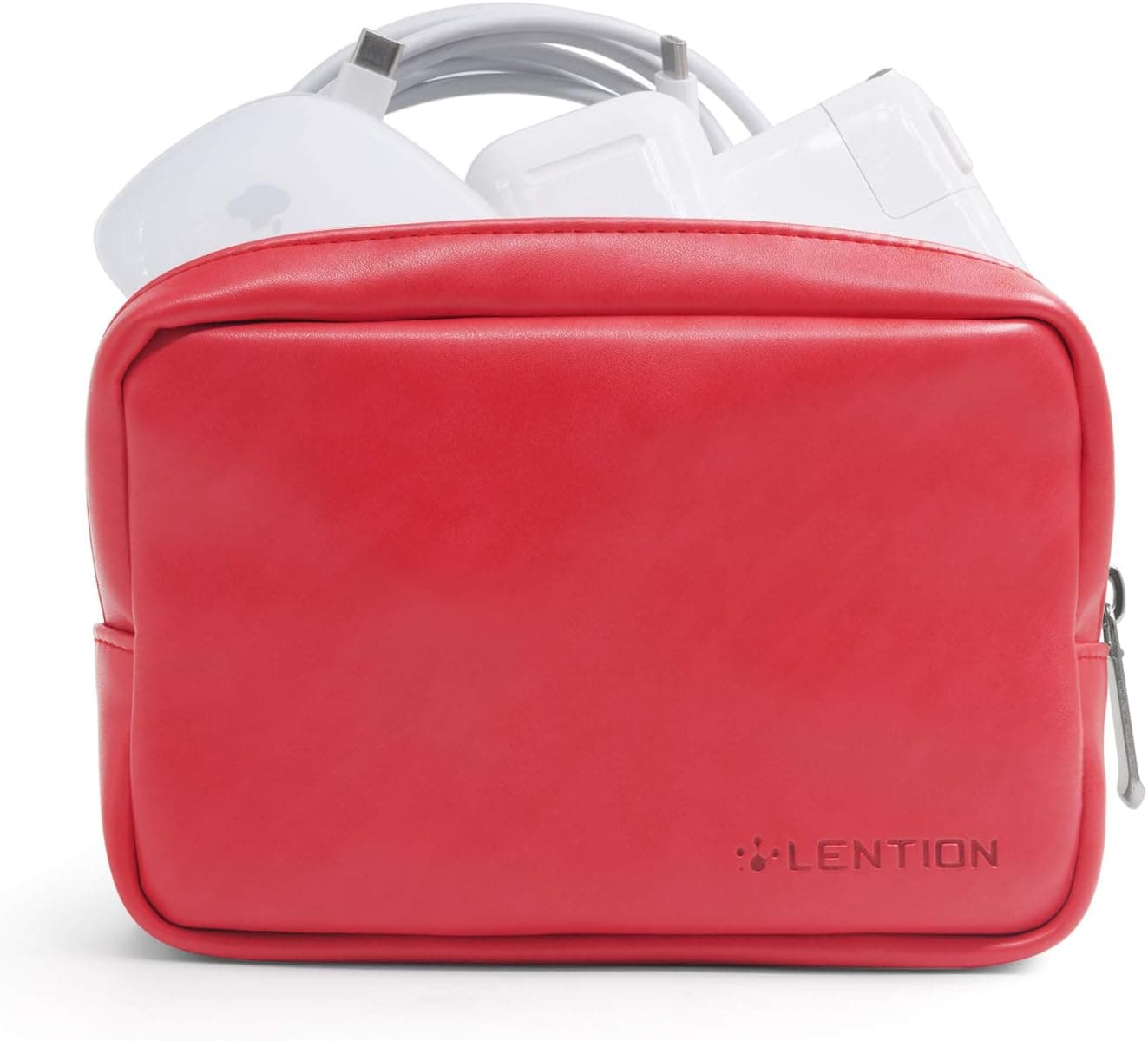 LENTION Split Leather Small Storage Pouch, Universal Electronic Travel Accessories Bags/Cases for Laptop/Tablet Power Adapter, MacBook Air/Pro Charger, Wireless Mouse, Hard Drive and More (Red)