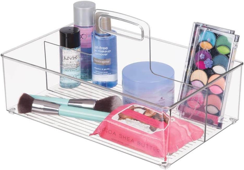 mDesign Plastic Portable Bathroom Cabinet Storage Organizer Caddy Tote - Divided Holder, Bin with Handle - Holds Cosmetics, Eye Cream, Makeup Brushes, Eyeshadow Palettes, Nail Polish - Large, Clear