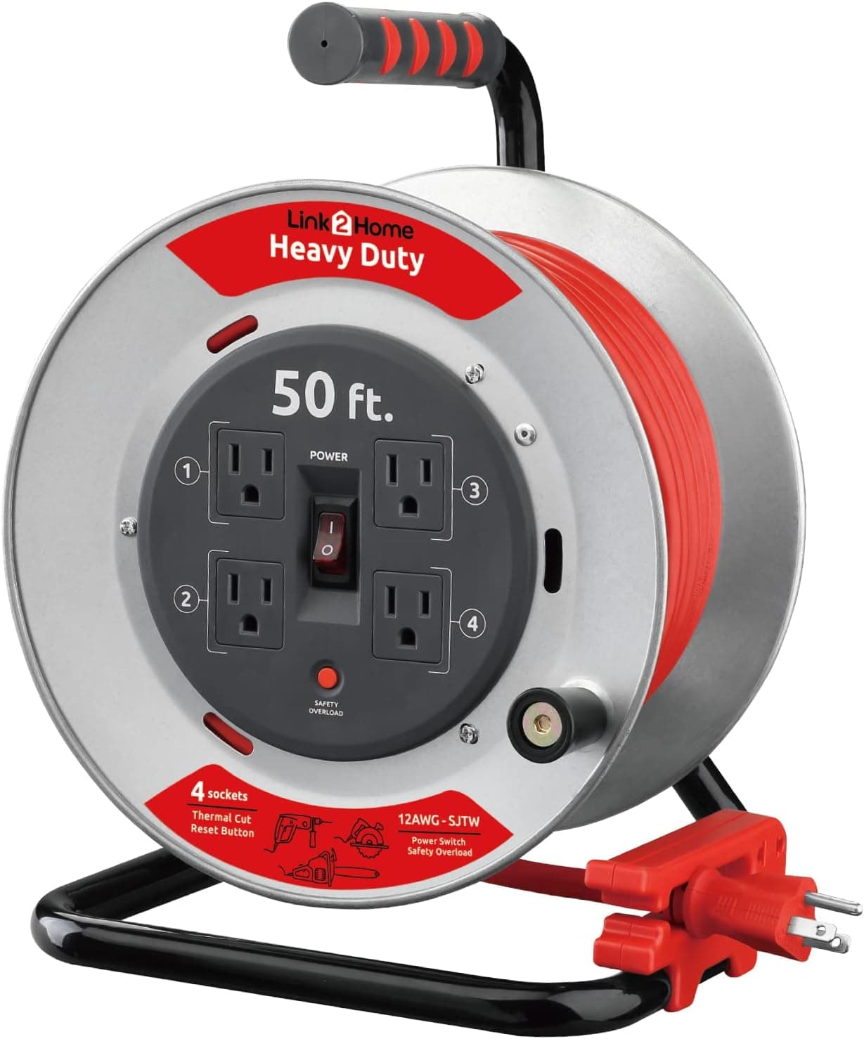Link2Home Contractor Grade Retractable Extension Cord Reel 50 Ft. With 4 Outlets & 12AWG Heavy Duty/High Visibility 3-Prong SJTW Cord