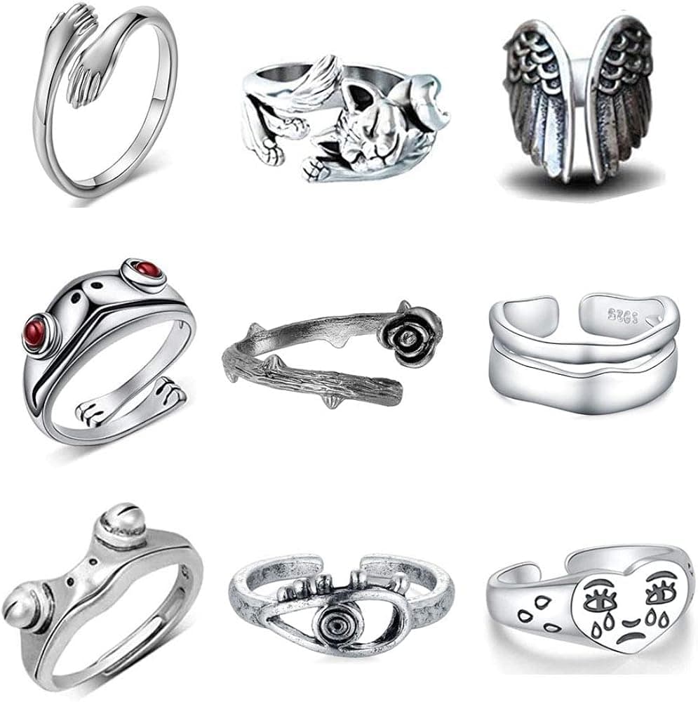 9 Pcs Vintage Frog Rings Set Stacking Knuckle Ring Open Rings,Retro Black Rose Angle Wing Crying Cute Cat Animal Rings Hug Rings Statement Punk Rings Pack for Women Girls Men