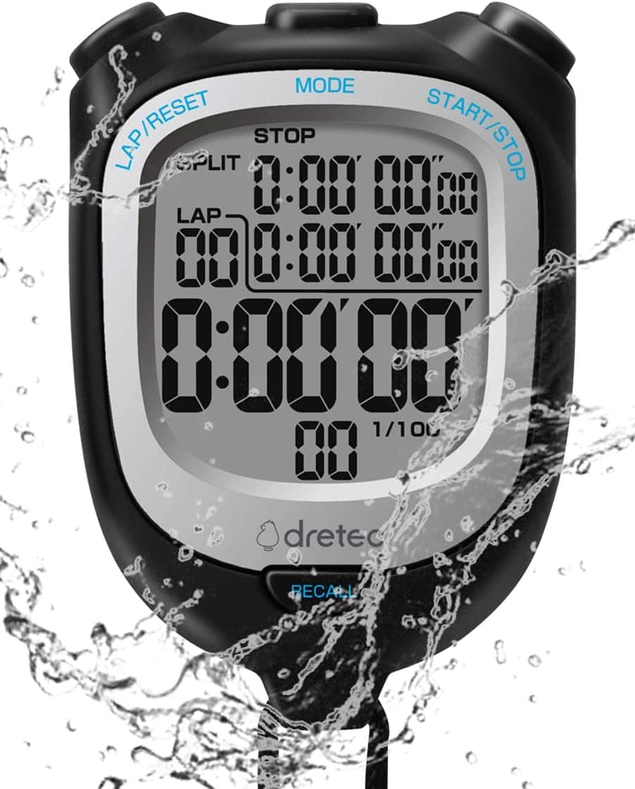 Dretec - Digital Waterproof Stopwatch/Countdown Timer Lap Split with Clock Calendar Alarm, IPX7 Waterproof, Extra Large LCD Display