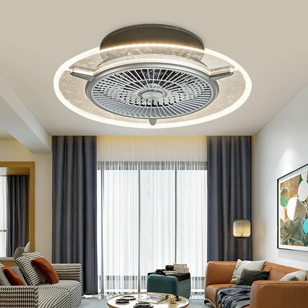 22" Modern Ceiling Fan Transparent Light ,Low Profile Flush Mount Ceiling Fan,Acrylic Chandelier with LED Invisible Blades 3 Color Change Lamp 3 Wind Speed Dimmable Remote Time Contro (Silver)