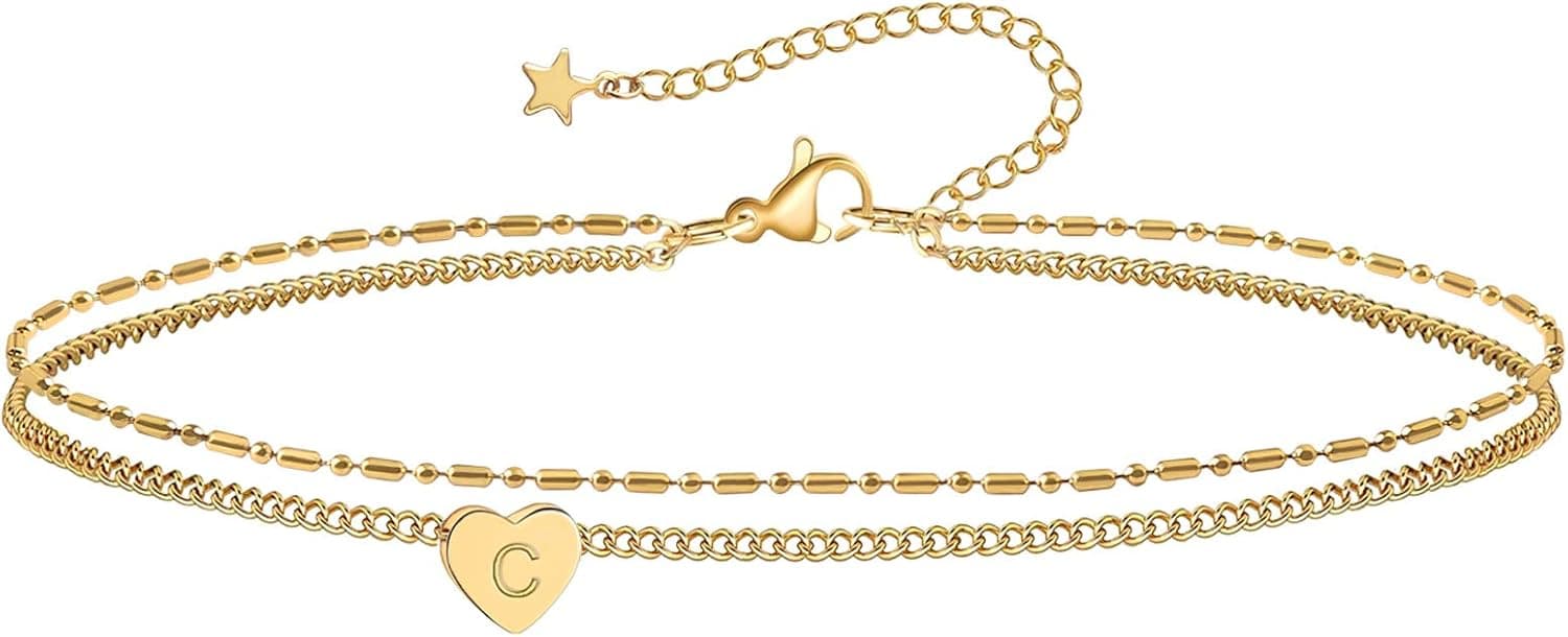 Ankle Bracelets for Women Teen Girls with 14K Real Gold Plated,Summer Beach Accessories,Gold Anklet Chain with Heart Initial, Cute Letter Chains Anklet Jewelry Gifts for Wife Girlfriend Daughter BFF