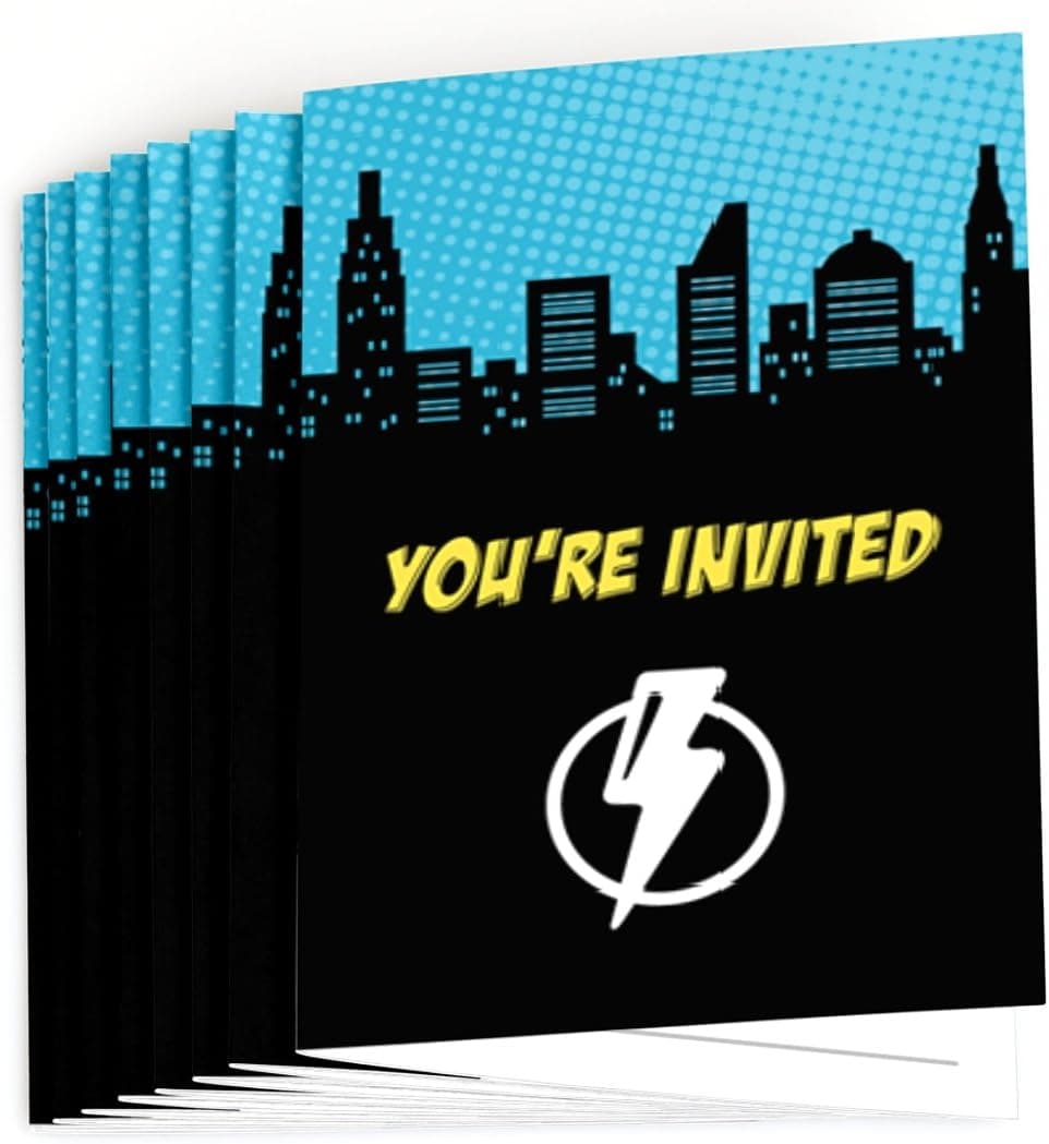 Big Dot of Happiness Bam Superhero - Fill-in Baby Shower or Birthday Party Invitations - Set of 24