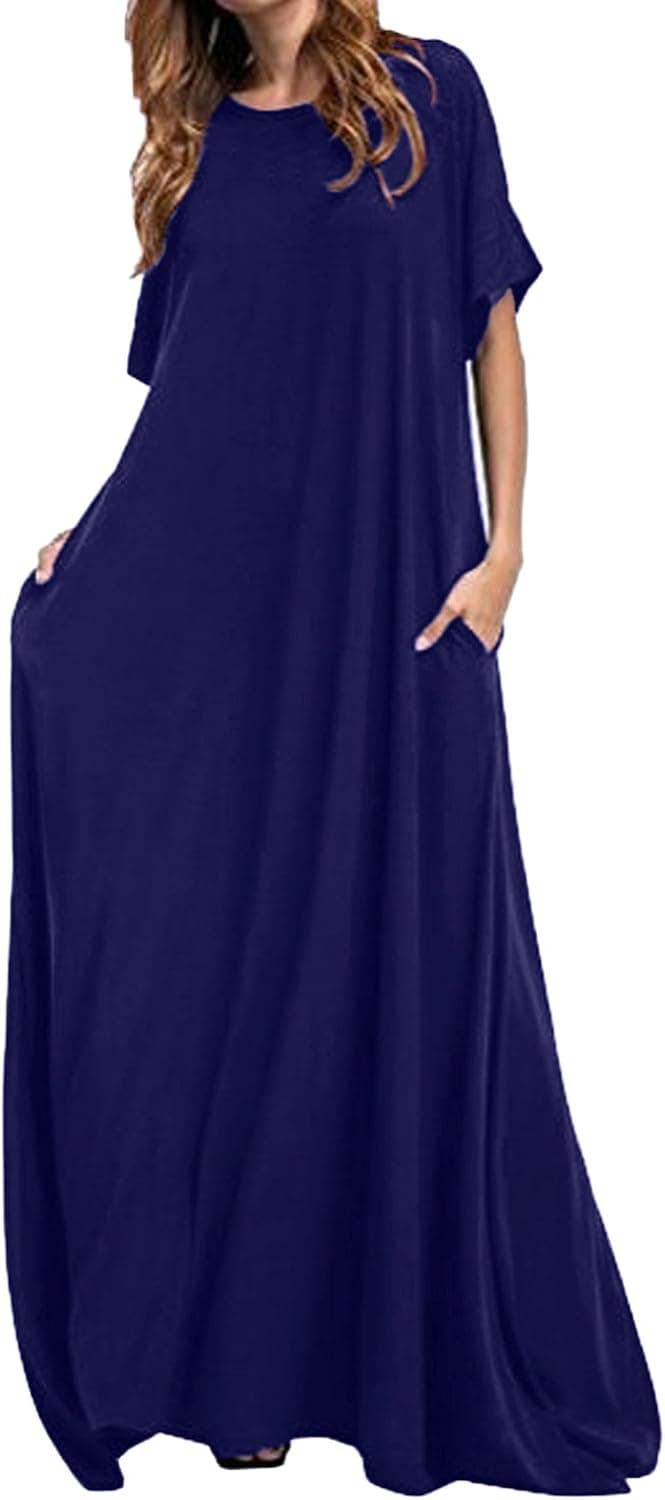 Kidsform Women's Maxi Dress Long Sleeve Loose Plain Kaftan Party Casual Long Dresses with Pockets