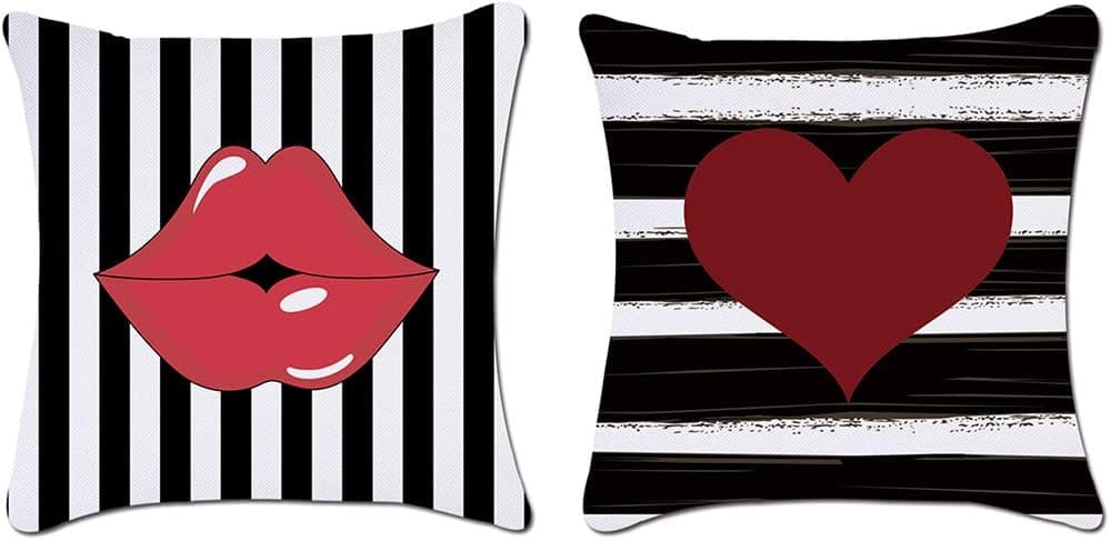 ZUEXT Love Heart Happy Valentines Day Throw Pillow Covers 18 x 18 Inch Set of 2, Polyester Black and White Stripes Red Lip Design Pillowcases Sweet Gift for Your Lover Romantic Wedding Home Decor