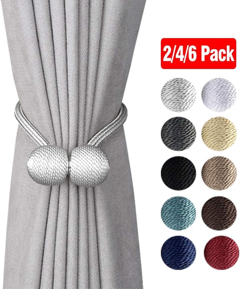 DEZENE Magnetic Curtain Tiebacks,Multi-Color Optional,2 Sizes Optional (Silver Grey, 4 Pack(16 inch))