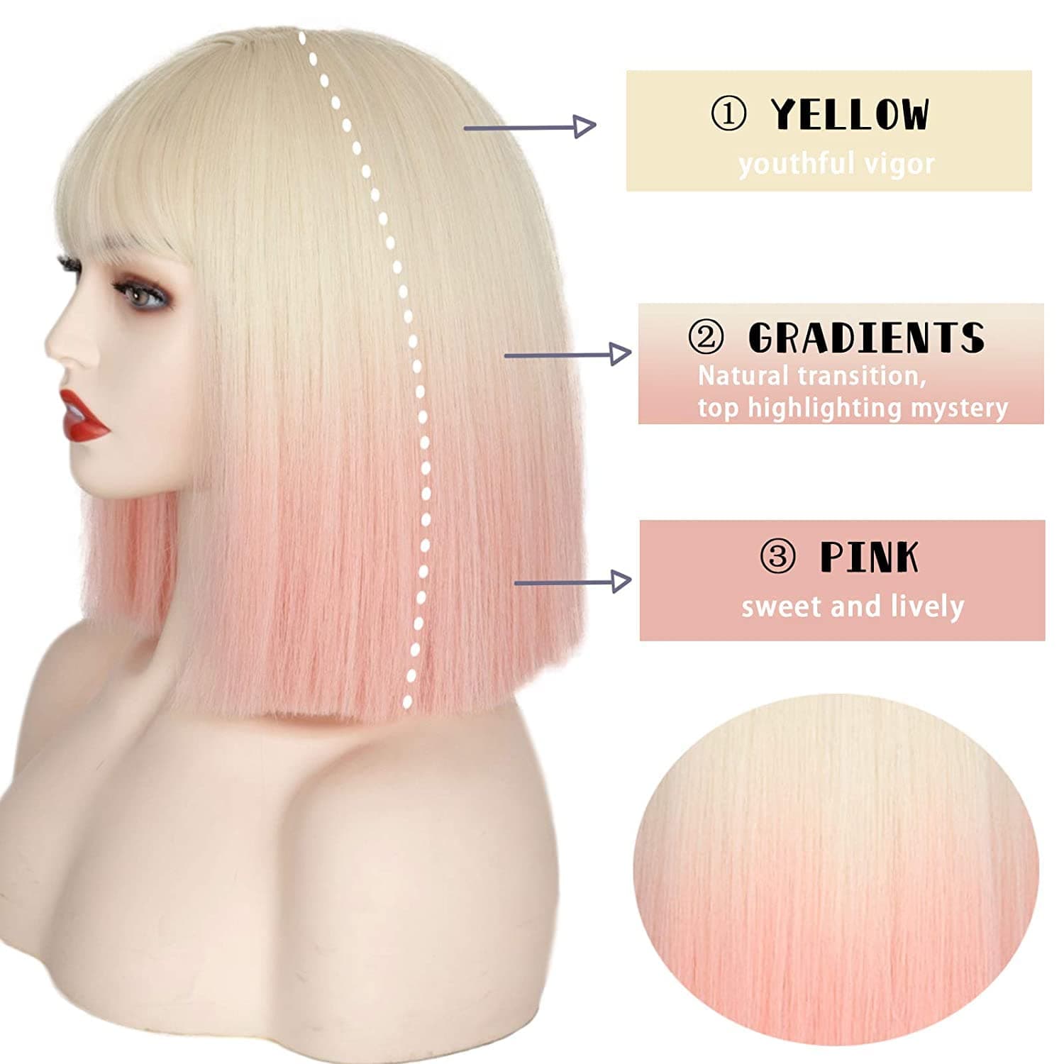 WOCWIG Short Blonde Pink Wig for Women Ombre Bob Wig With bangs Colorful Bob Wig Synthetic Short Straight Bob Wig 12 Inches (bob2200)