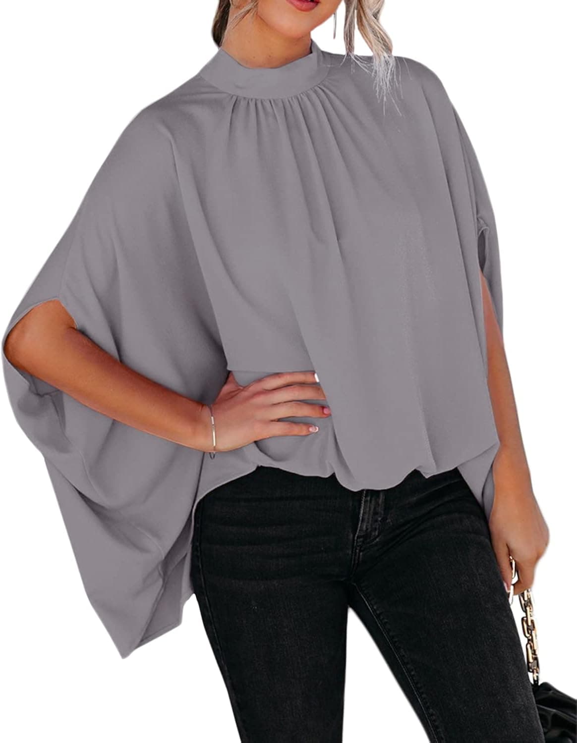 Women's Summer Oversize Blouses Mock Neck Pleated Batwing Sleeve Drape Tunic Dressy Cape Shirt Tops