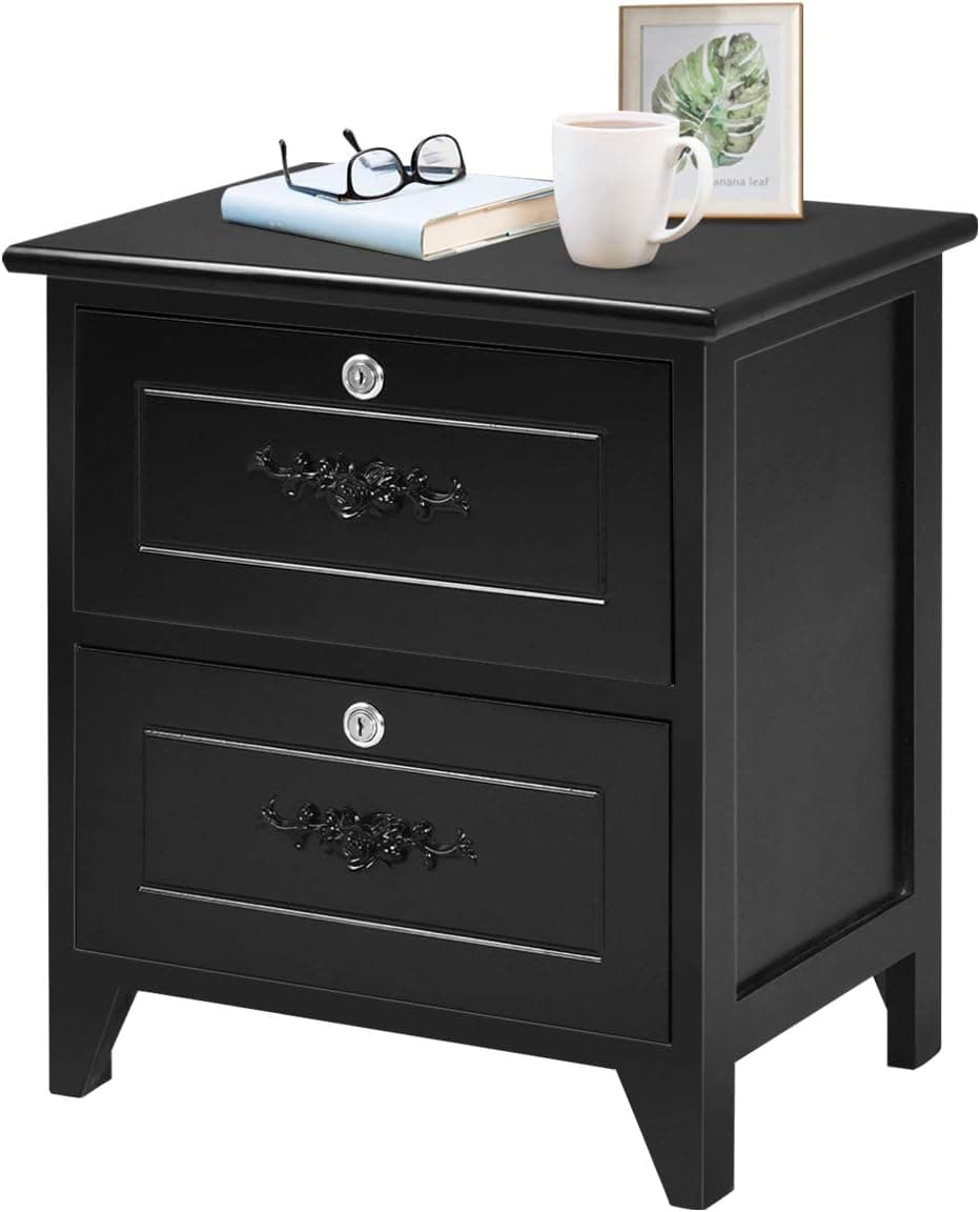 Giantex End Table Wooden W/ 2 Locking Drawers and Handles for Storage and Organize, Solid Structure for Bedroom Beside Sofa Side Nightstand (1, Black)