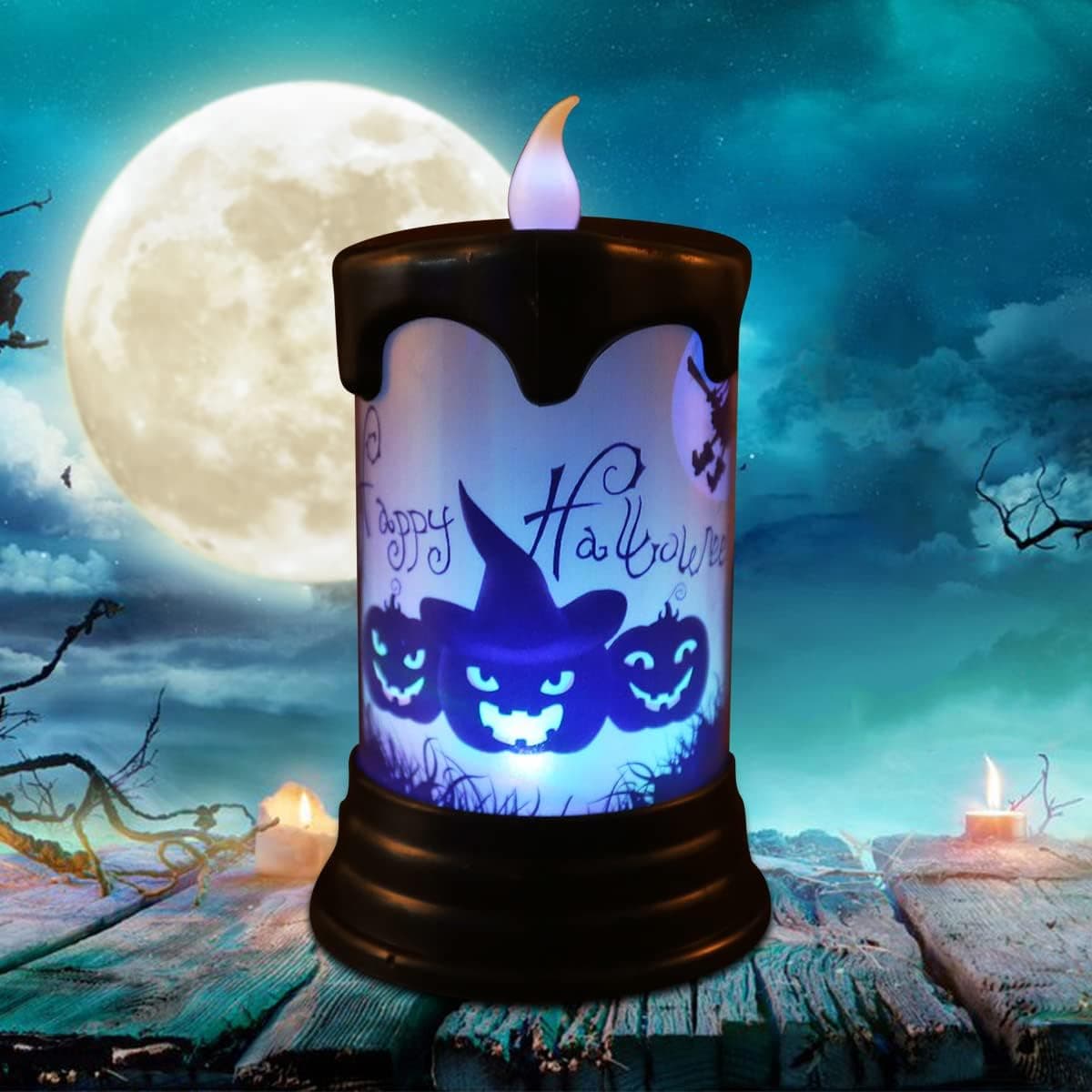 Halloween Flameless Candles,Battery Operated Halloween Candle Light Color Changing Halloween LED Night Candles Halloween Flickering Candle Lights Halloween Prop Lamp for Party Bar Decor(Pumpkin Witch)