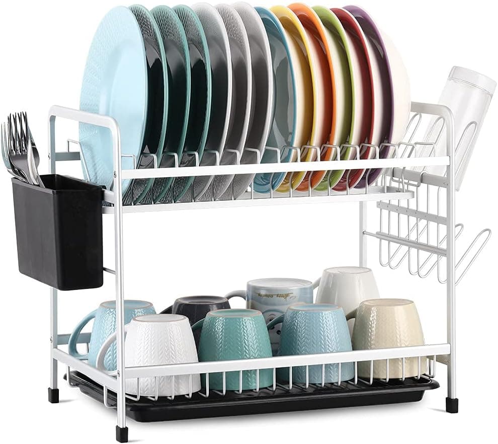 Nandae Aluminum Dish Drying Rack, 2 Tier Dishes Drainer Utensil Holder with Water Cup Hook, Removable Drain Board for Kitchen Countertop