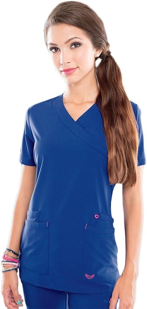 Smitten Miracle Scrub Top for Women: Contemporary Slim Fit, Super Stretch, 2 Pocket Mock Wrap Medical Scrubs S101033 Galaxy