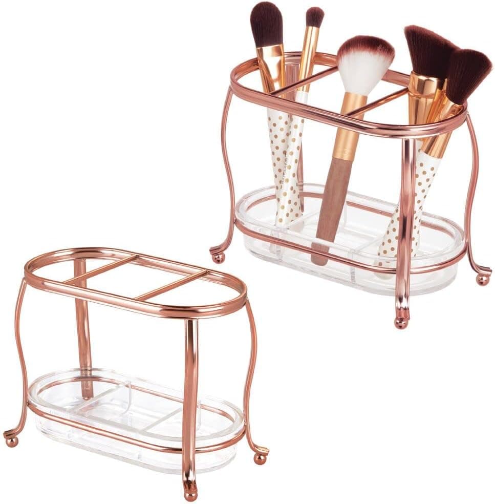 mDesign Decorative Makeup Brush Storage Organizer Tray Stand for Bathroom Vanity Counter Tops, Dressing Tables, Cosmetic Stations - 3 Sections with Removable Bottom Tray - 2 Pack - Rose Gold/Clear