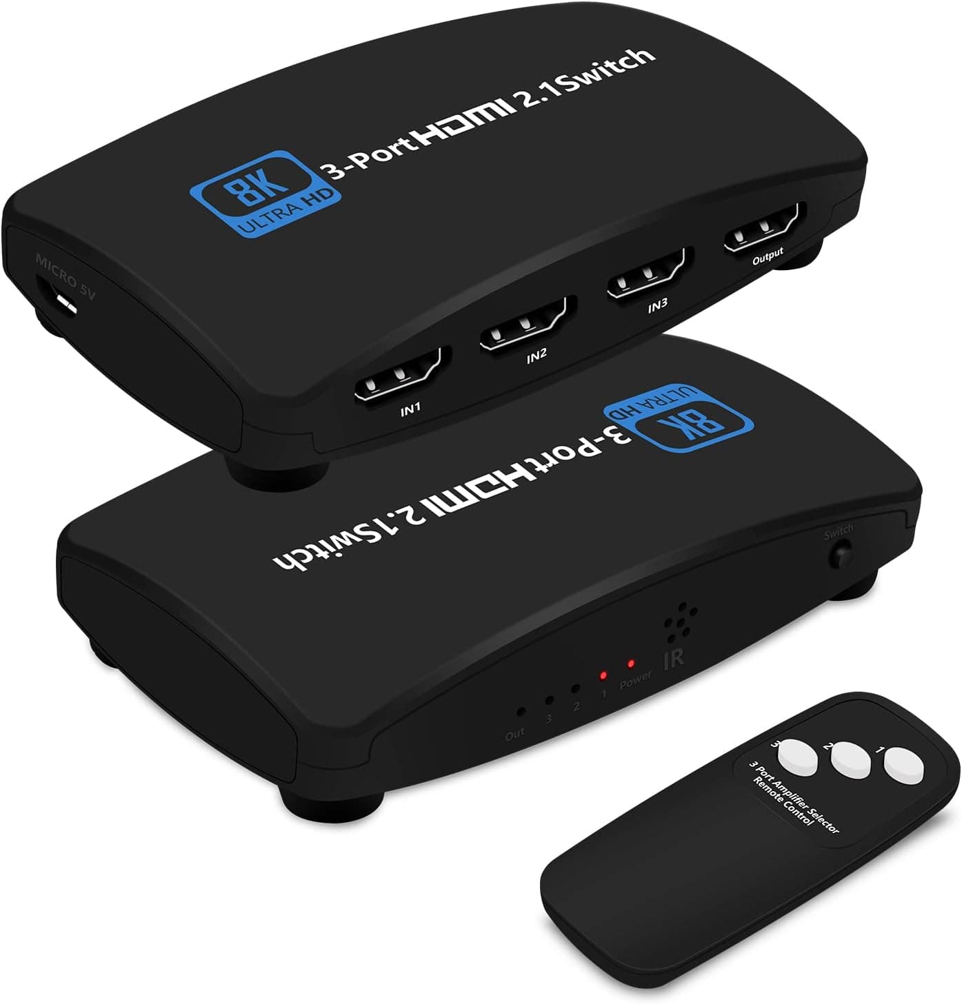 HDMI Switch 8k Ultra HD 3 in 1 Out, with IR Romote Control, 48Gbps High-Speed HDMI 2.1 Switcher, Support 8K@60Hz, 4K@120Hz, 1080P@240Hz, Compatible with Xbox X, PS5, TV, Monitors