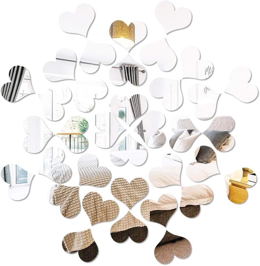 Showhappy 100PCS Removable Acrylic Mirror Wall Stickers Decor, Family DIY Wall Sticker Decal, Geometric Art Love Shape Mirror Tiles for Home Kitchen Living Room Bedroom TV Background Decor(Small)