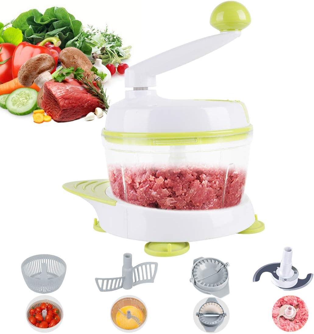 Manual Food Processor, Hand Held Chopper for Fruits/Vegetables/Meats/Nuts/Herbs/Onions/Salad, Meat Mincer with 2 Blades 3 Blades Mixer (Green)