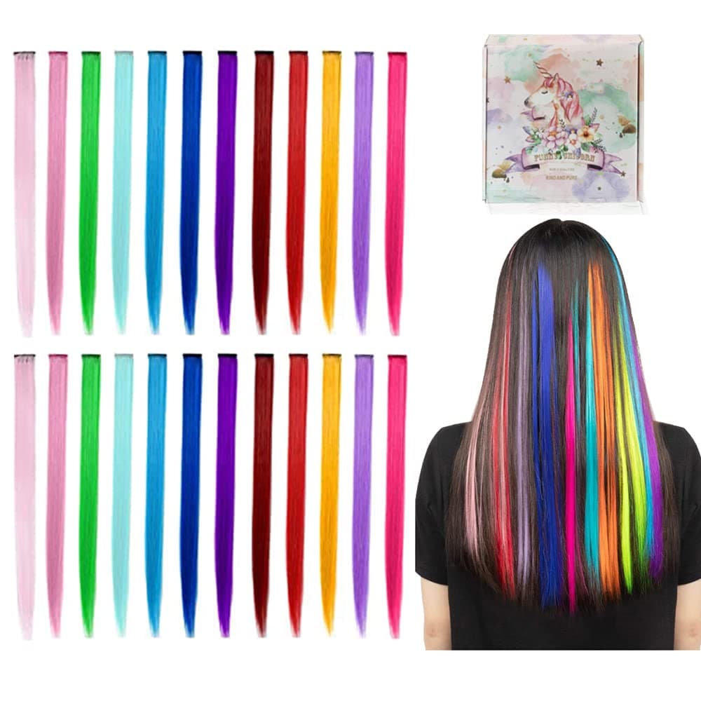 24 Pcs Colored Hair Extensions Multi-colors Party Highlights Clip in Synthetic Hair Extensions Rainbow Colorful Hair Pieces 22 inch