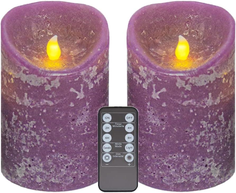 N-E Realistic and Bright Flameless Candle Violet Pillar Led Candle Flickering Moving Warm Light Textured Wax Finish 2 Pieces Candles(4"x6") Real Wax Battery Powered Remote Control