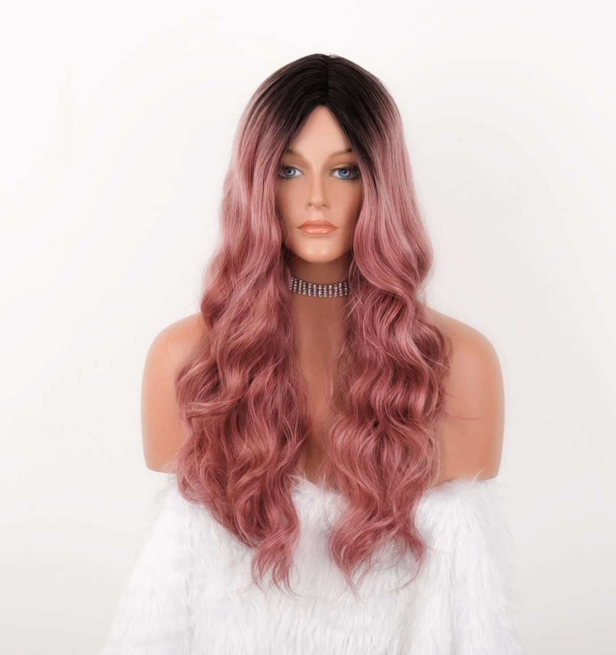 LANOVA Ombre Black Hot Pink Wigs for Women Synthetic Wigs Pink Hair Wig with Black Rots Pink Wavy Synthetic Wigs for Afros 22 inch LANOVA-111