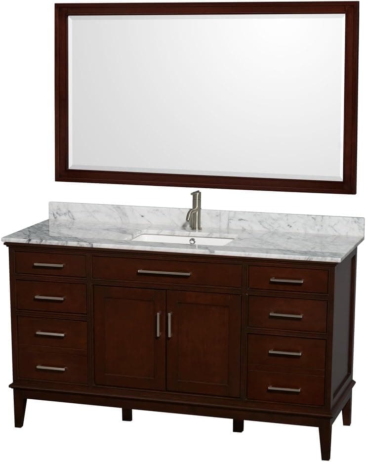 Wyndham Collection Hatton 60 inch Single Bathroom Vanity in Dark Chestnut, White Carrera Marble Countertop, Undermount Square Sink, and 56 inch Mirror