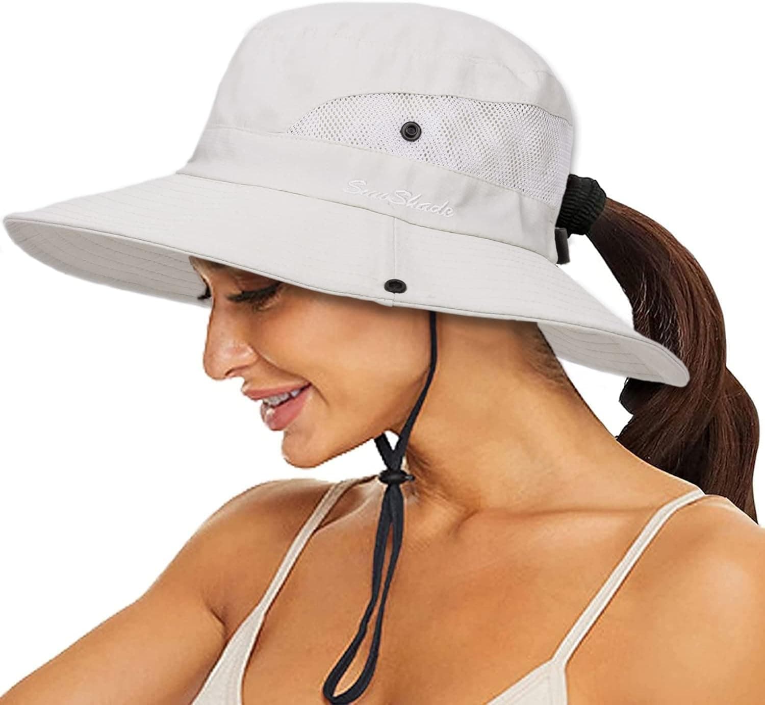 Women's Sun-Hat UV-Protection-Foldable Mesh Wide-Brim Outdoor Summer Beach Fishing Hat with Ponytail-Hole