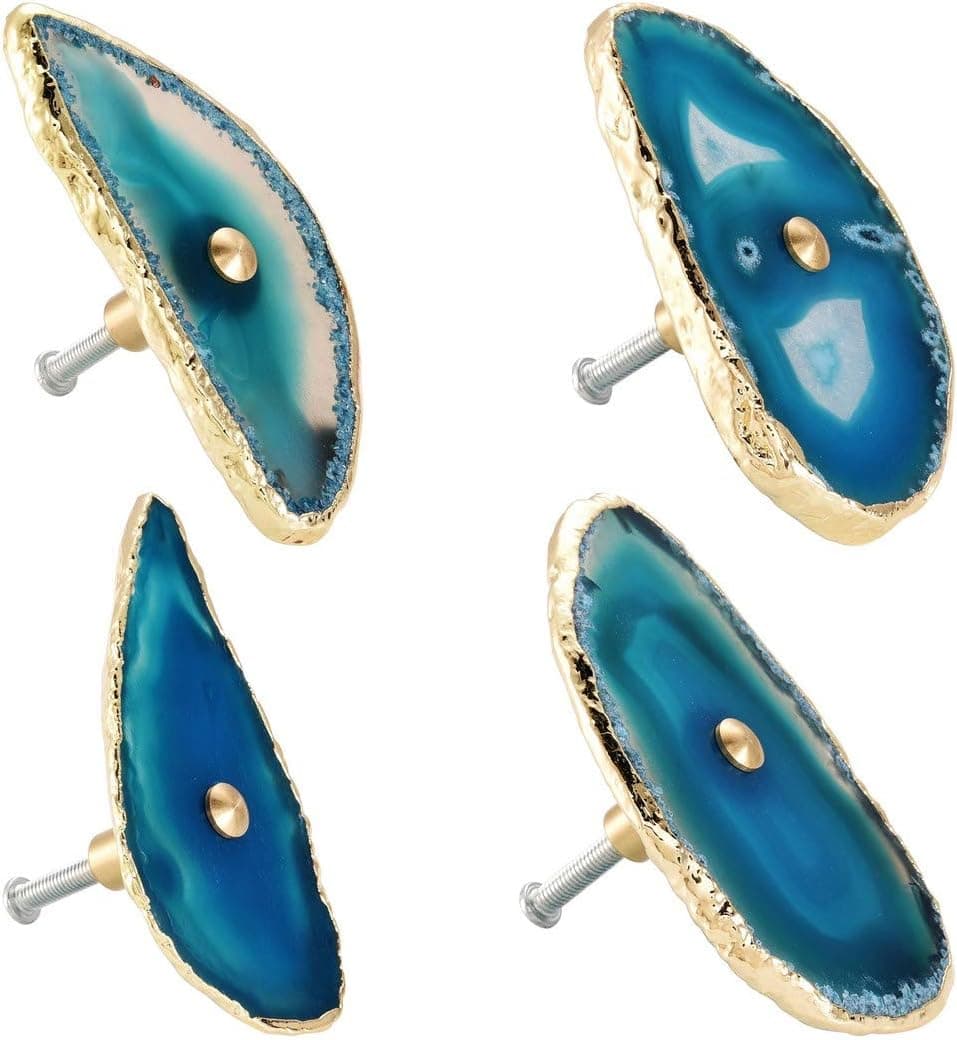 Yoption Set of 4 Cabinet Drawer Knobs Natural Agate Pull with Gold Plating Edge Decorative Unique Cabinet Cupboard Dresser Handles (Blue)